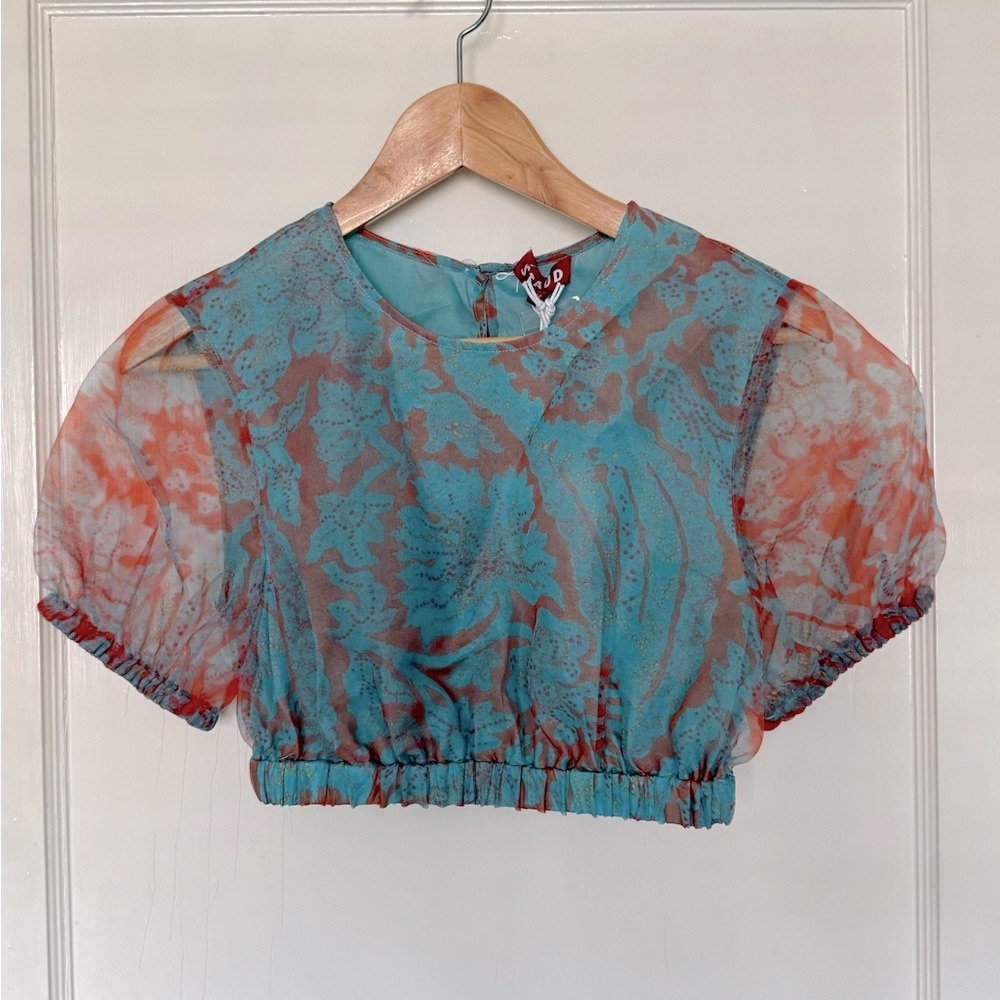 STAUD Sheer Puff Sleeve Crop Top - Light Blue and Orange